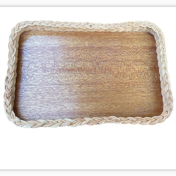 WICKER rattan wood serving tray boho style vintage - Picture 1 of 7